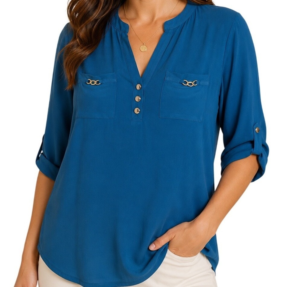 Joie De Vivre Women Teal Blue Henley Blouse 3/4 Sleeve Chain Pocket Top S